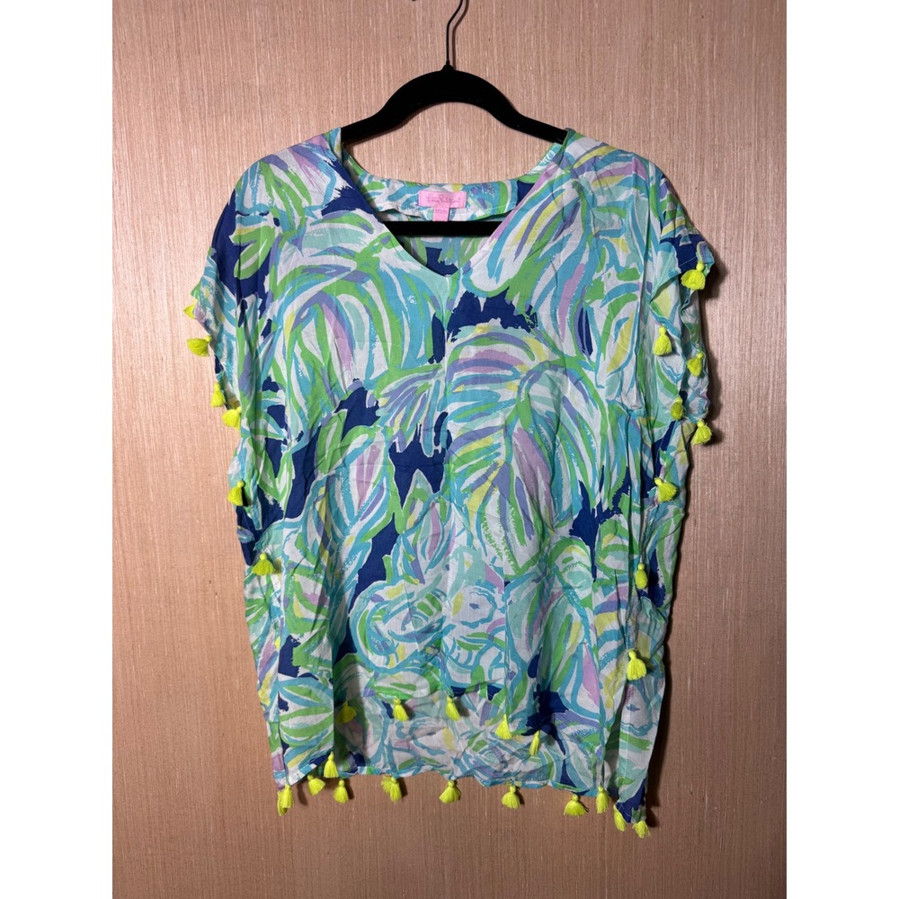 Lilly Pulitzer Tropical Leaf Tassel Trim Modal Beach Cover Up Top XXS/XS Blue